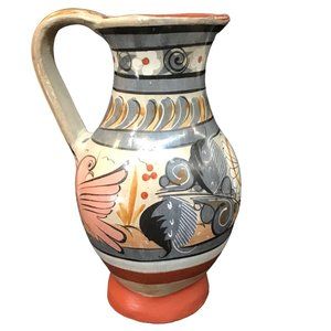 Vintage Mexican Tonala Pottery Large Burnished Pitcher Vase Handle Bird Flowers